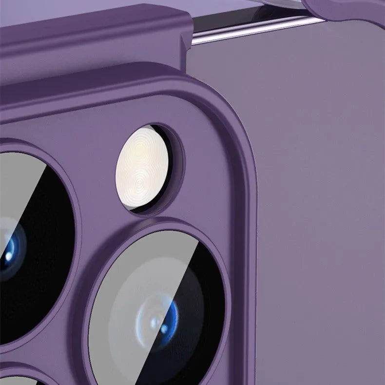 Dark purple corner pad TPU mobile phone case for iPhone with built-in glass lens film over camera.