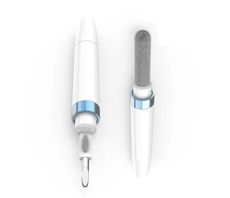 Blue headphone cleaning pen with metal nib, flocking sponge and long fine brush, 14 cm long
