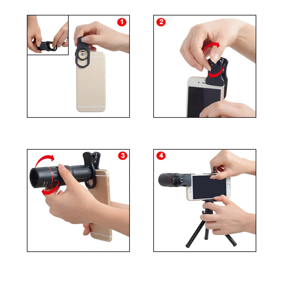 18x zoom mobile telephoto lens with universal phone clip and flexible aluminium tripod