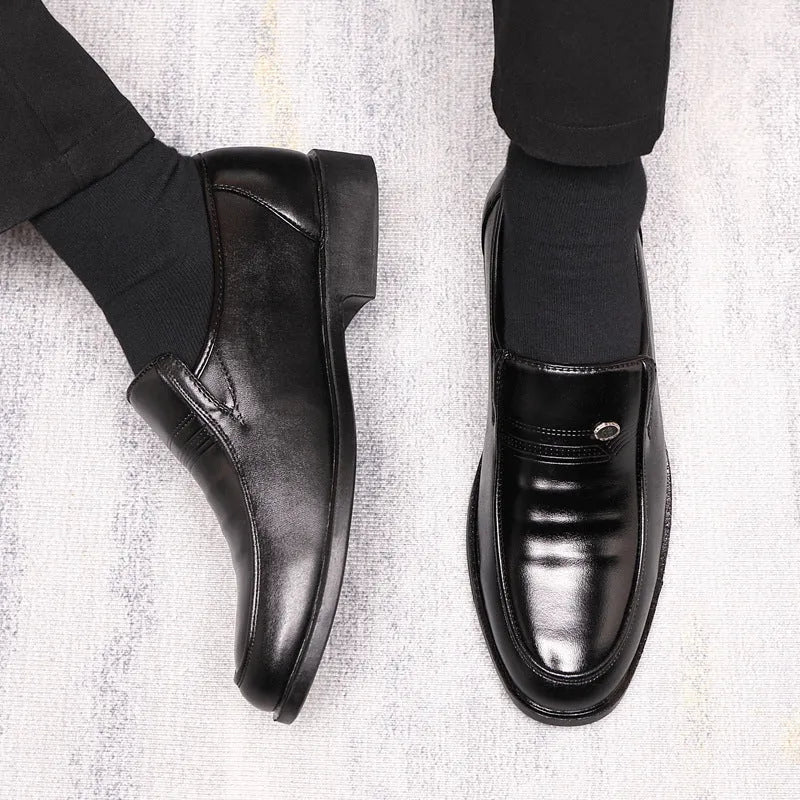 Men's black and brown plus size casual leather shoes with rubber soles showing leather toe holder detail