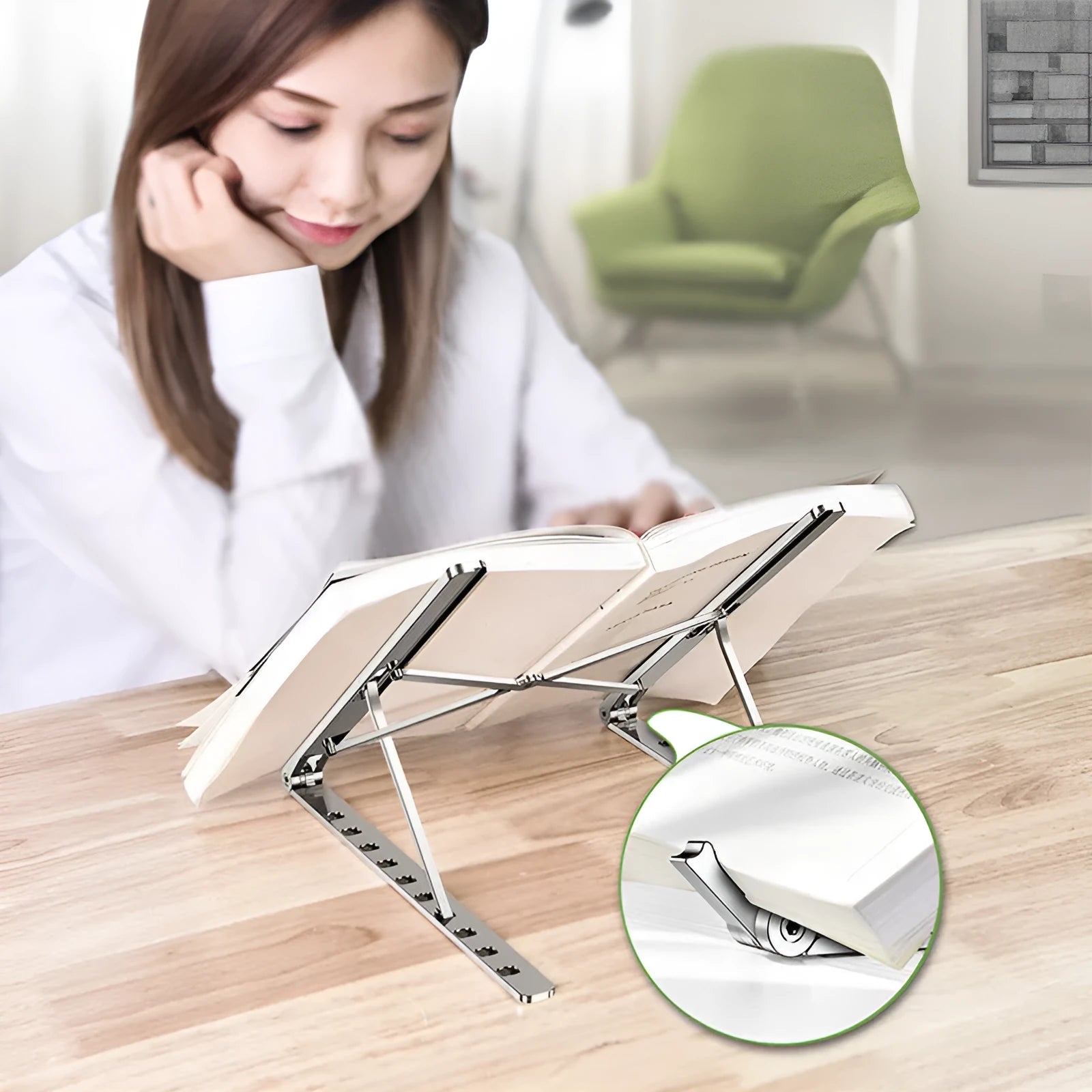 Foldable aluminium laptop stand in silver with silicone pads and cable management slot for 7-15 inch laptops