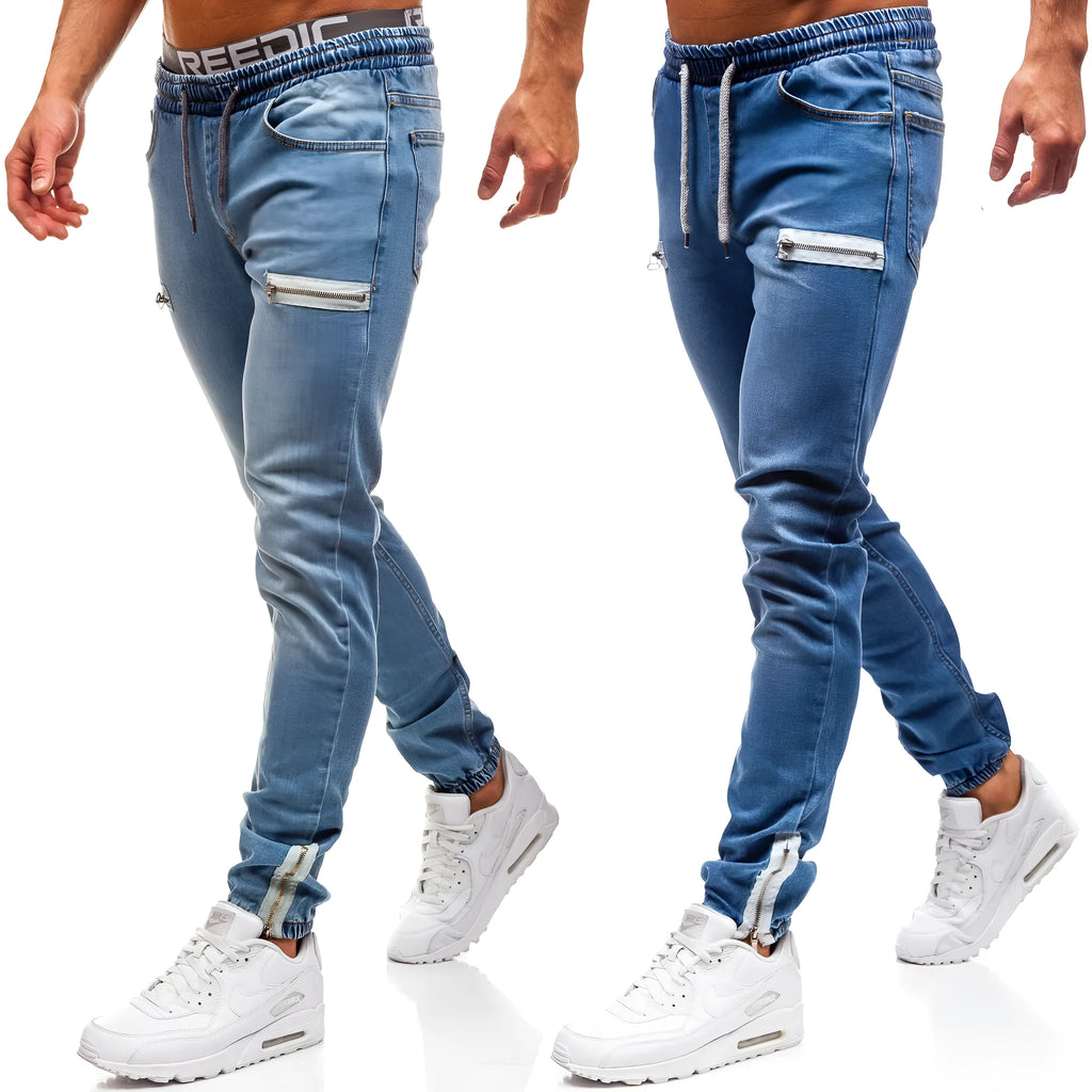 Men's denim fabric sports jeans in dark blue, cotton blend, five-pocket style, available in sizes M to 4XL