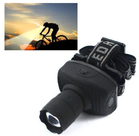 Outdoor 3W LED strong head light in black with adjustable telescopic lens and braided headband