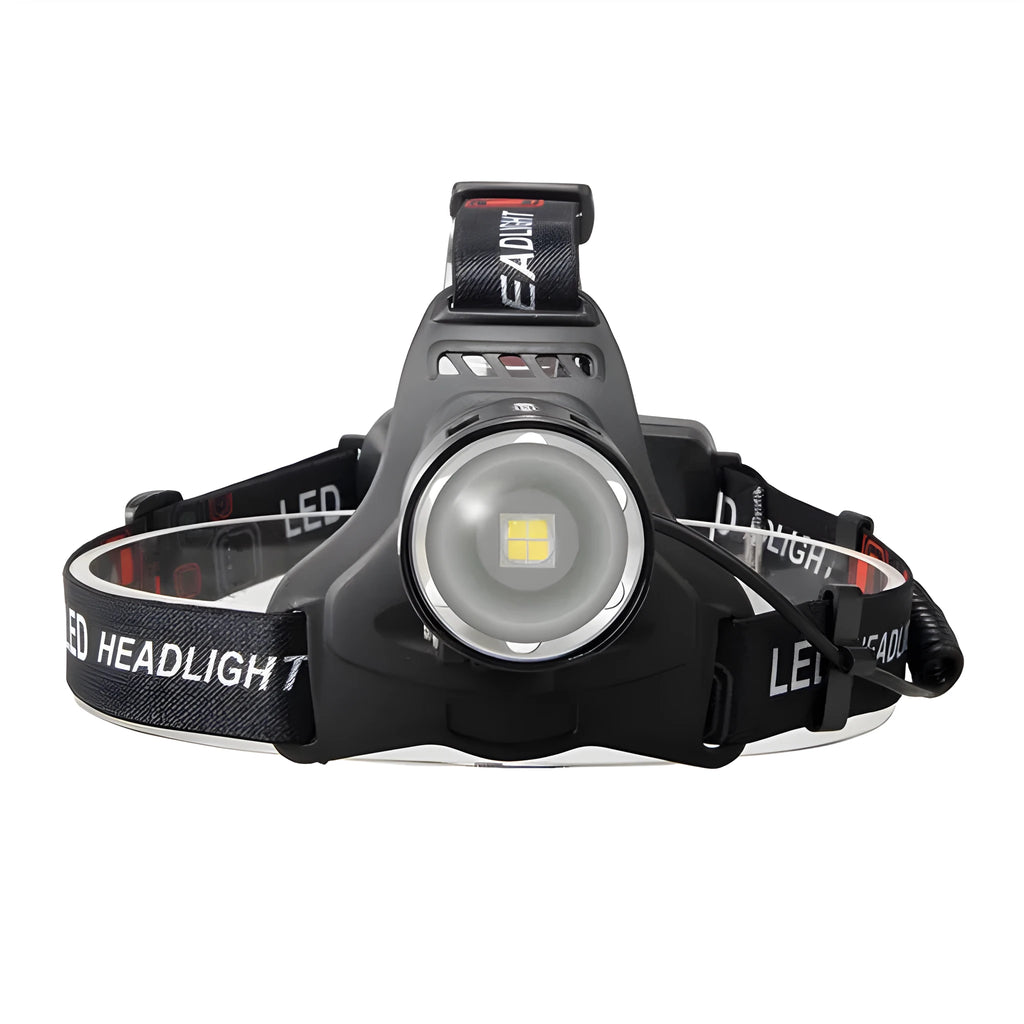 USB rechargeable LED head torch with P50 or P70 bulb, head zoom, IPX5 waterproof rating, aluminium alloy and ABS body, and anti-slip headband.
