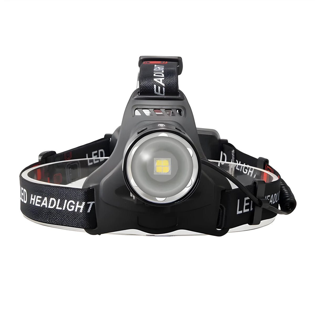 USB rechargeable LED head torch with P50 or P70 bulb, head zoom, IPX5 waterproof rating, aluminium alloy and ABS body, and anti-slip headband.