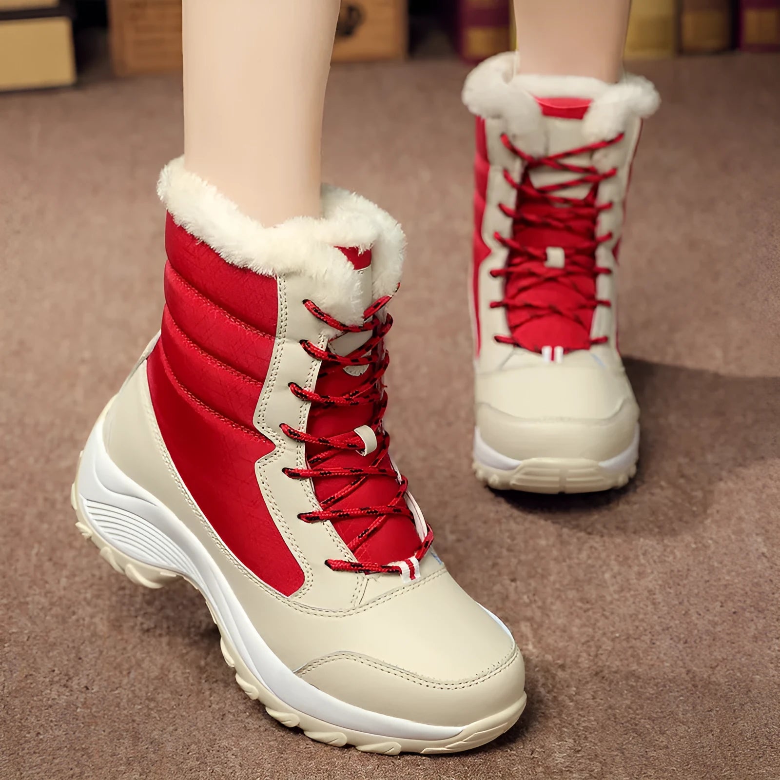 Women's high-top snow boots with synthetic leather upper, cross strap detail, and round toe, available in black