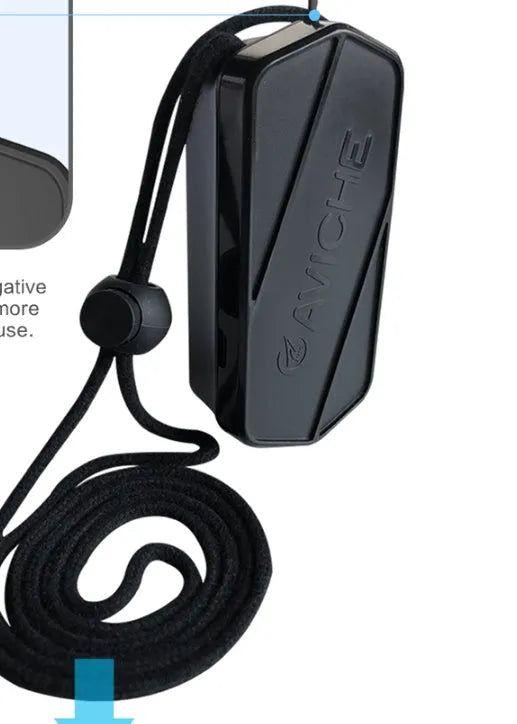 Black plastic portable air purifier necklace worn around the neck.