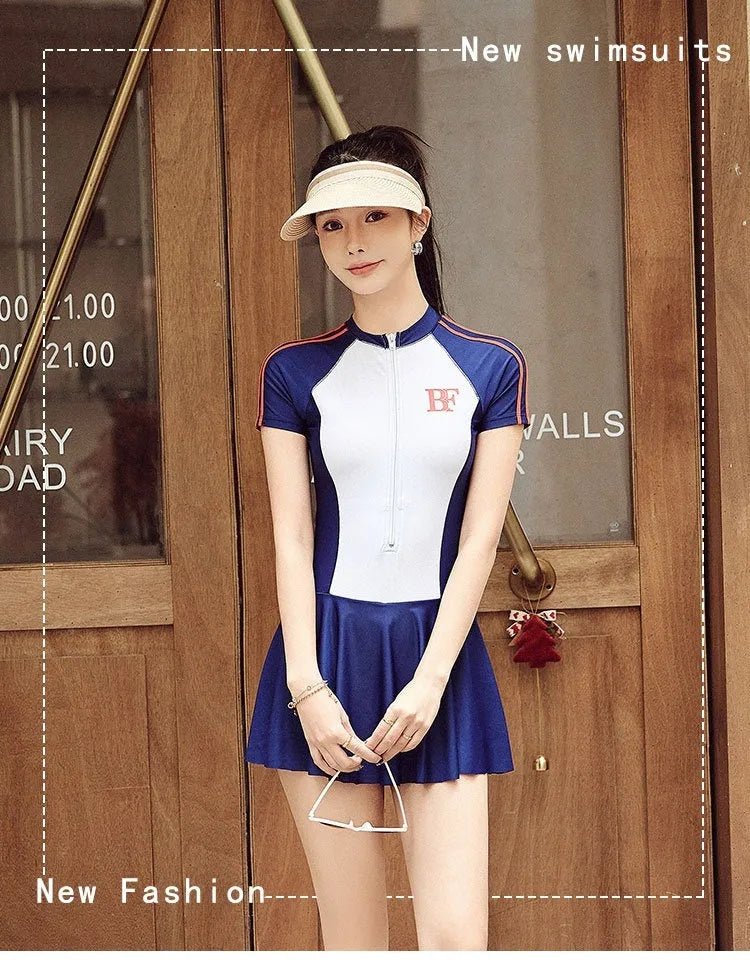 Conservative style one-piece swimsuit for sports in colour-matched pattern with high elasticity polyester construction