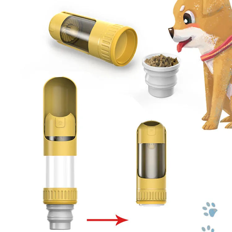 Dark blue portable dog water bottle with attached drinking bowl, shown with measurements.