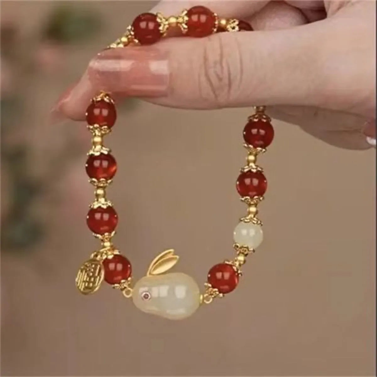 Chinese national style bracelet with rabbit motif glass and coloured glaze for women and men