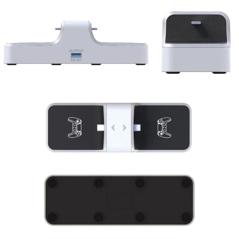 White PS5 dual controller charging station with red and blue LED indicators on a desk