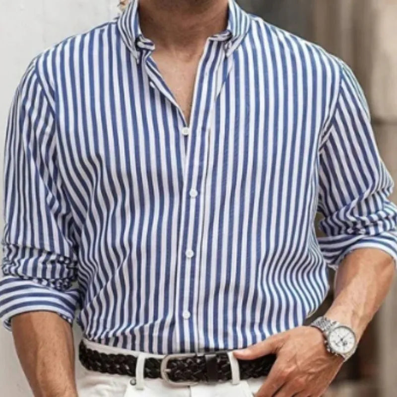 Men's striped casual button shirt with loose fit and long sleeves in polyester fabric