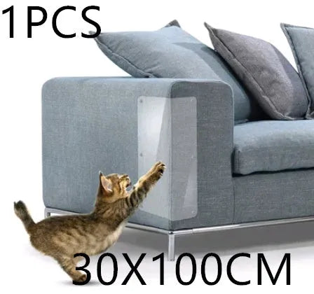 Two transparent PVC self-adhesive cat claw protector pads on a leather sofa arm, each 47x15cm