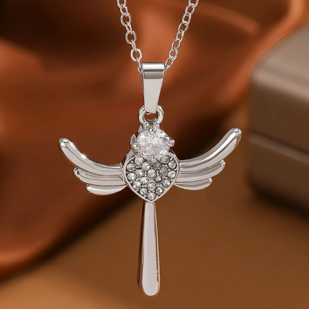 Silver titanium steel heart-shaped angel wings pendant clavicle chain cross necklace for women