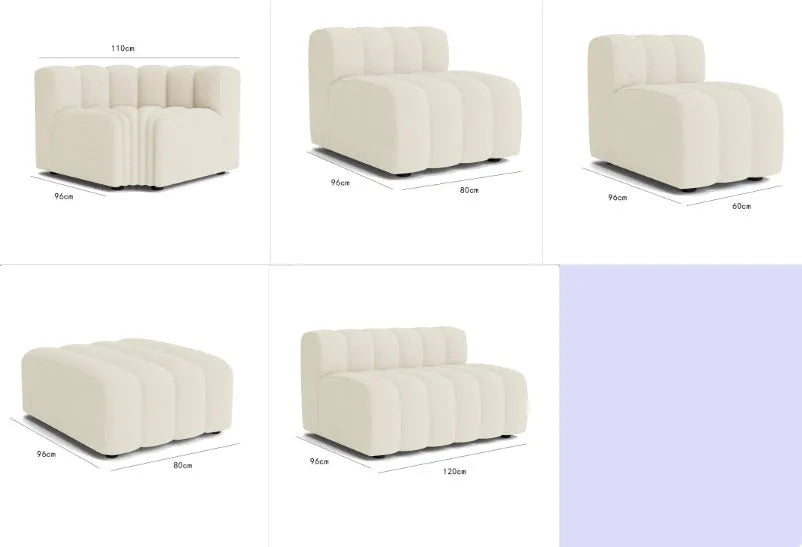 Beige fleece modular sofa with piano key design, high elastic foam sponge, mobile function, sizes 60x96x70cm to 120x96x70cm.