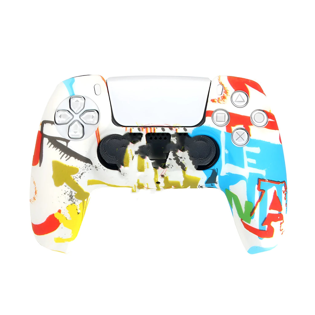 Camouflage patterned silicone protective case fitted on a black Sony PS5 DualSense controller.