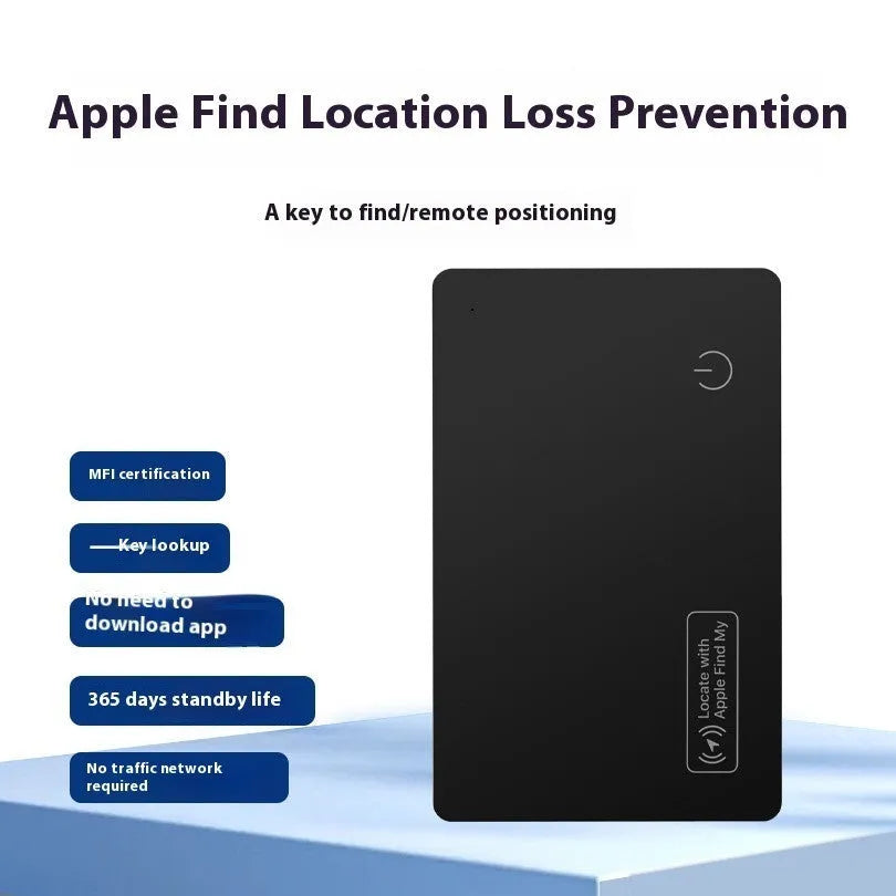 Black ultra-thin anti-loss card for Apple devices with MFI certification and 51mm x 82.6mm dimensions