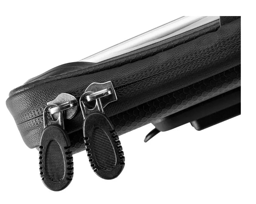 Black waterproof bicycle handlebar bag with transparent touch screen window on bike handlebars