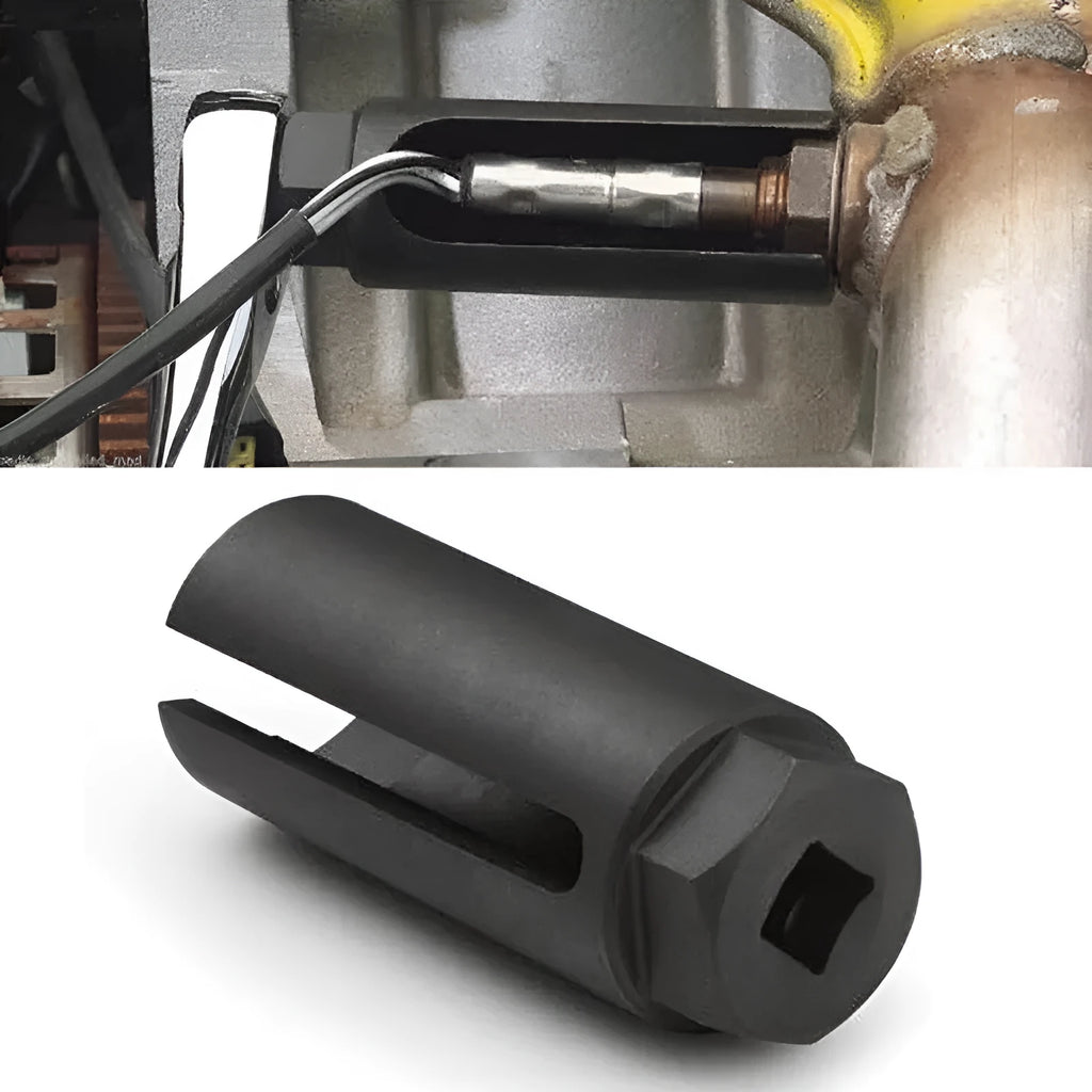 Black chromium vanadium steel oxygen sensor sleeve tool for 22mm nuts.