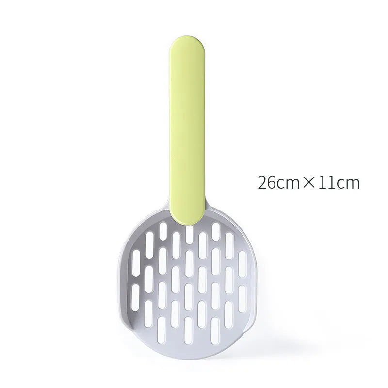 Blue plastic cat litter shovel for cleaning litter boxes, showing dimensions and scoop design.