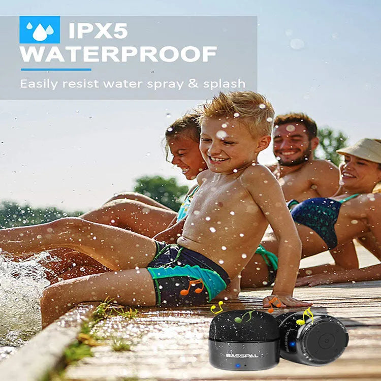 Black portable mini pocket Bluetooth speaker with waterproof design and button controls