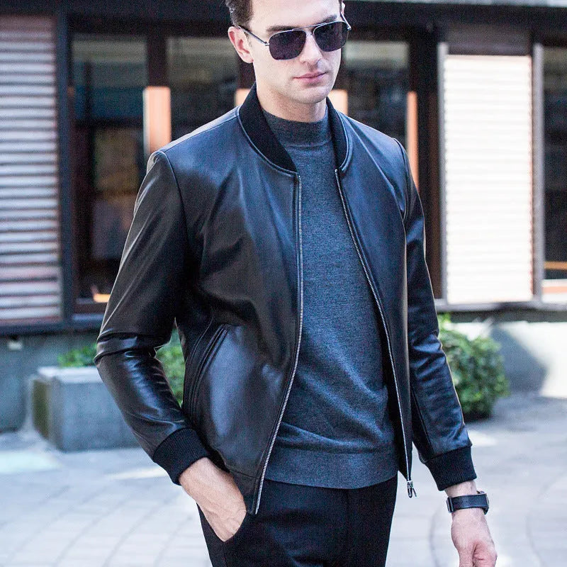 Men's black sheepskin leather jacket with baseball collar and front zip, shown in Asian size range M to 4XL