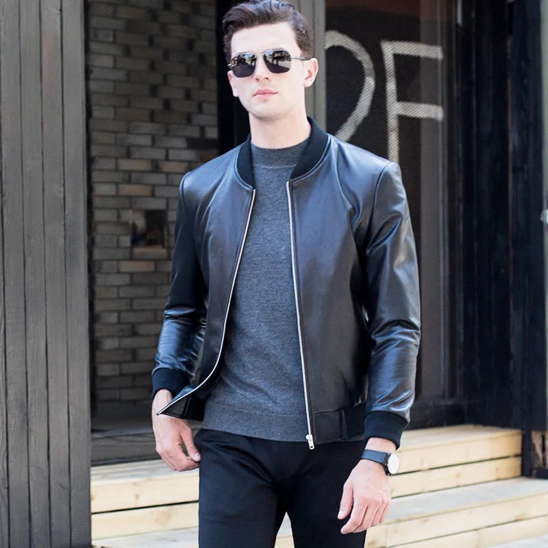 Men's black sheepskin leather jacket with baseball collar and front zip, shown in Asian size range M to 4XL