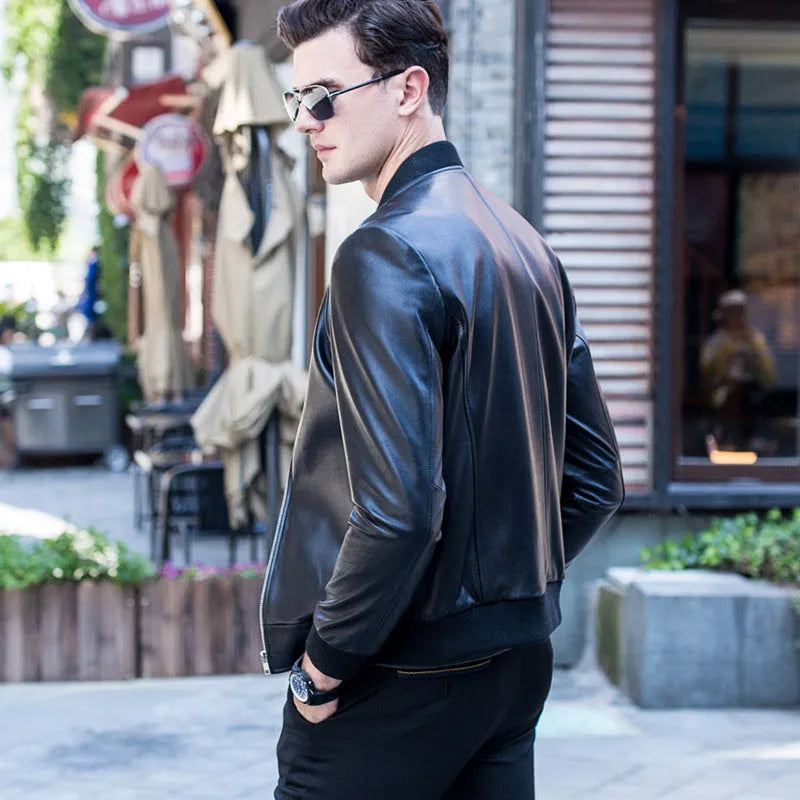Men's black sheepskin leather jacket with baseball collar and front zip, shown in Asian size range M to 4XL