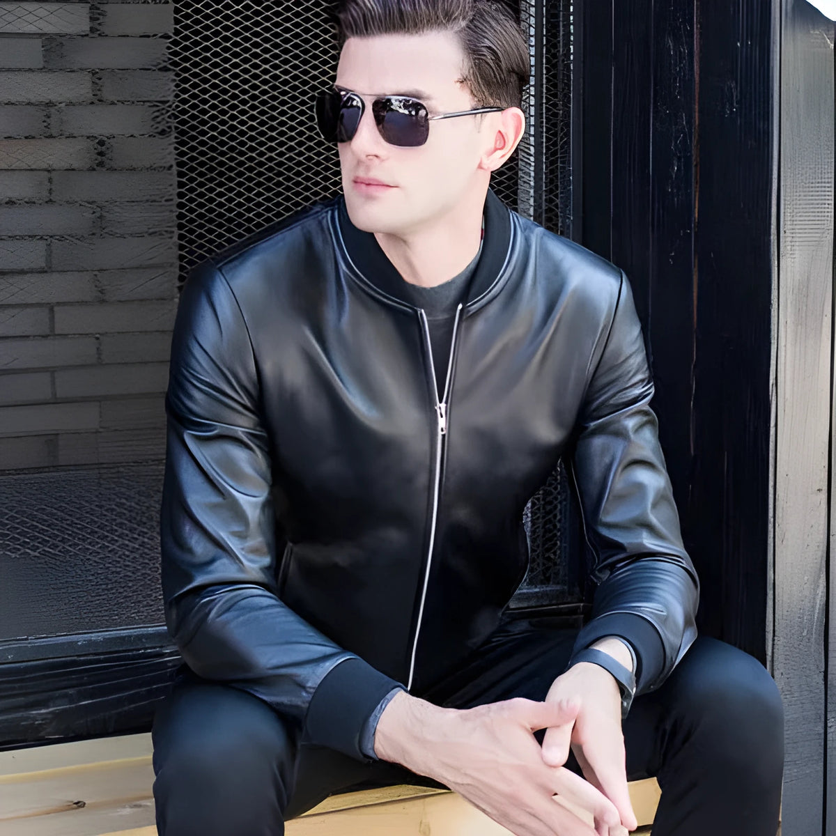 Men's black sheepskin leather jacket with baseball collar and front zip, shown in Asian size range M to 4XL