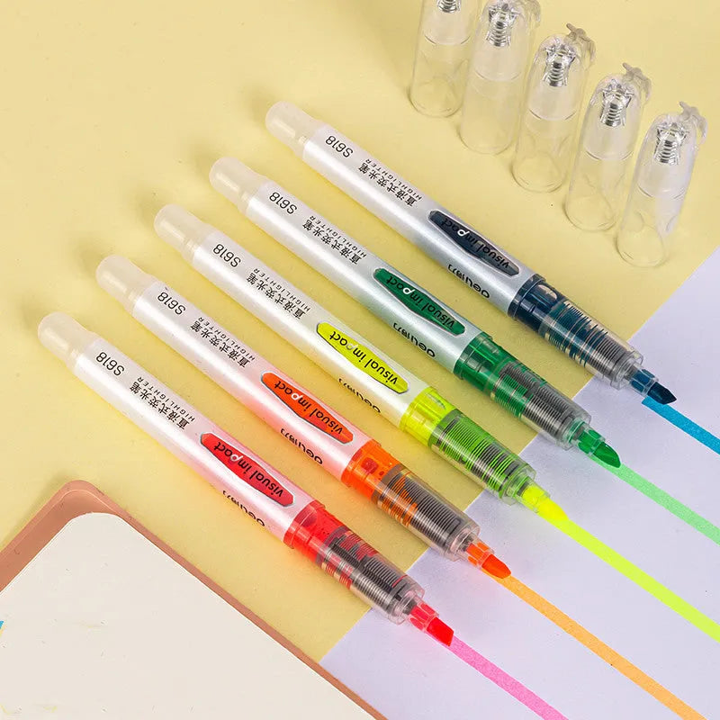 Deli S605 oblique tip highlighter marker pens in Macaron colours with transparent pen holders