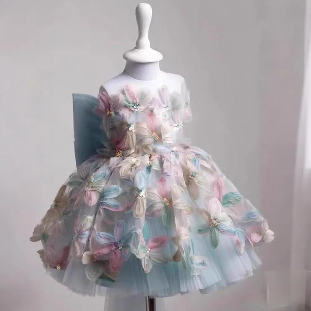 Children's light luxury princess dress with asymmetric shoulder in blue, for heights 80-130cm