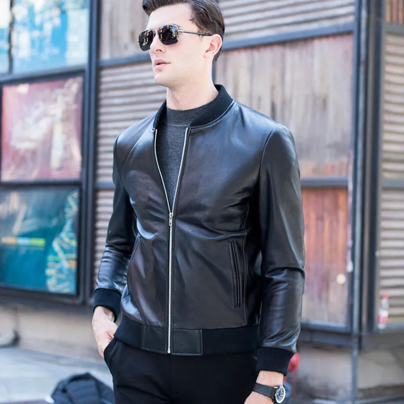 Men's black sheepskin leather jacket with baseball collar and front zip, shown in Asian size range M to 4XL