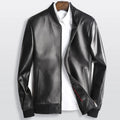 Men's black sheepskin leather jacket with baseball collar and front zip, shown in Asian size range M to 4XL
