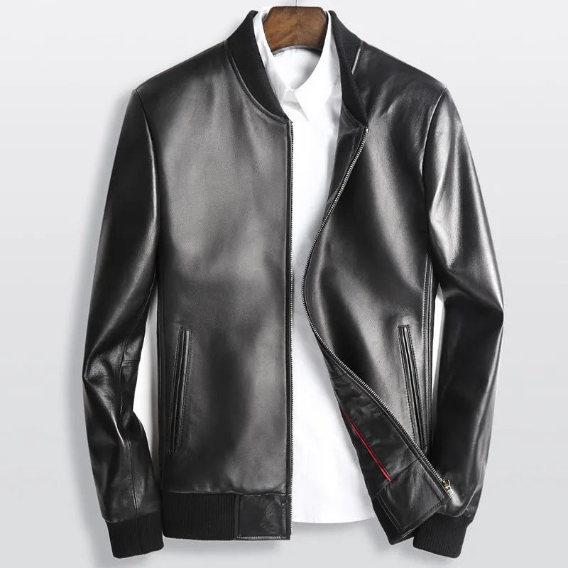 Men's black sheepskin leather jacket with baseball collar and front zip, shown in Asian size range M to 4XL