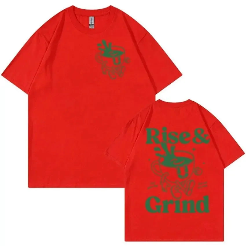 A loose-fit black linen t-shirt with a printed Rise And Grind Green Coffee Fun Expression Bag cartoon design on the front.