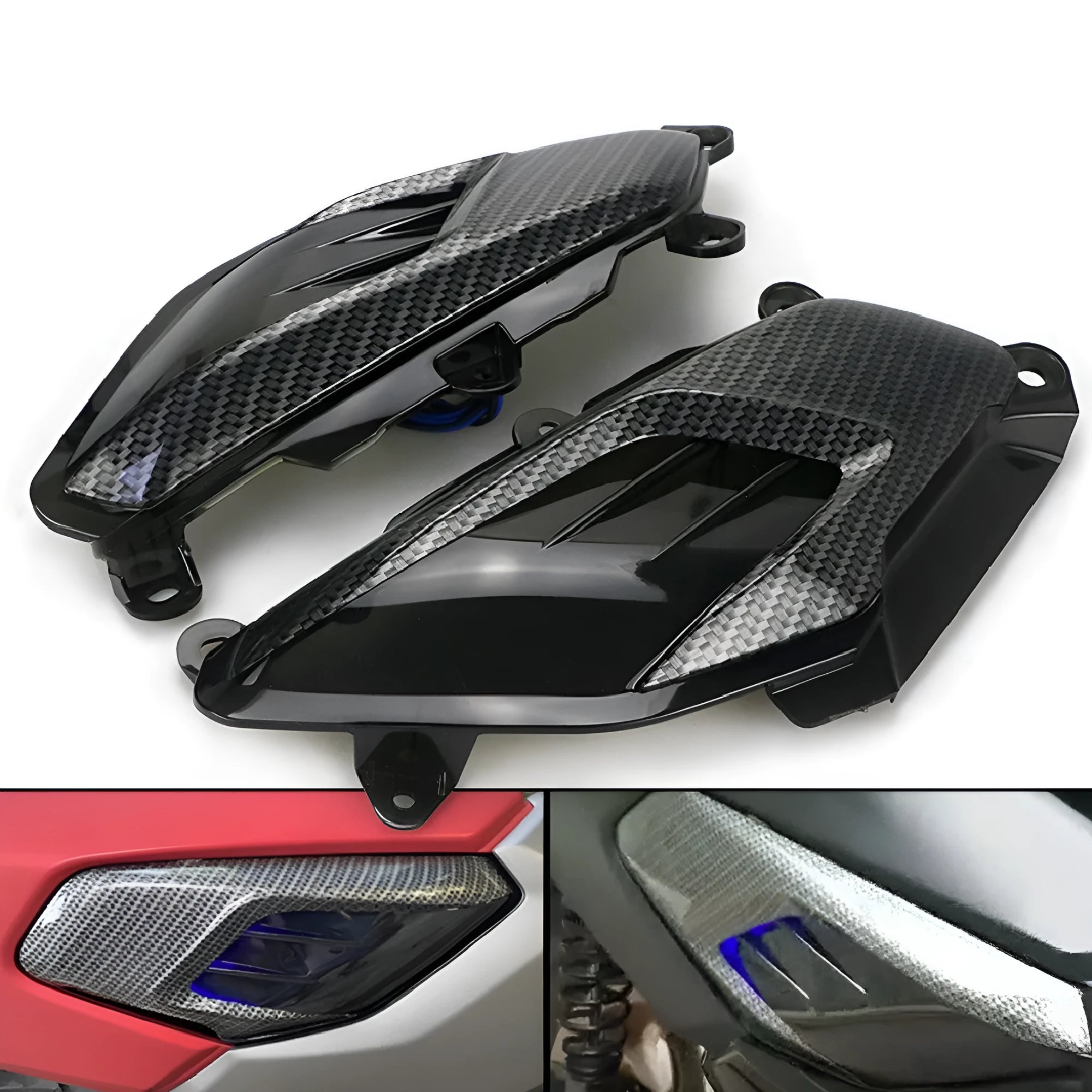 Pair of Yamaha NMAX aftermarket LED side lamps with carbon fibre decal on ABS shell.