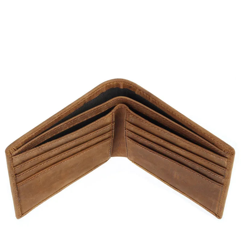 Brown horse leather men wallet ultra-thin short casual layout with card slots and bill holder