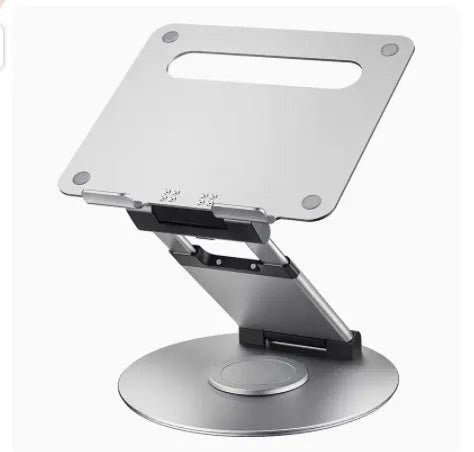 Aluminum alloy laptop bracket with adjustable base and 360-degree rotation on a desk