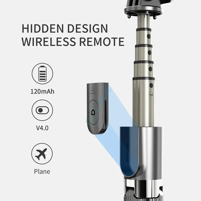 Black aluminium tripod selfie stick extended with an iPhone mounted, showing 186mm to 700mm range.