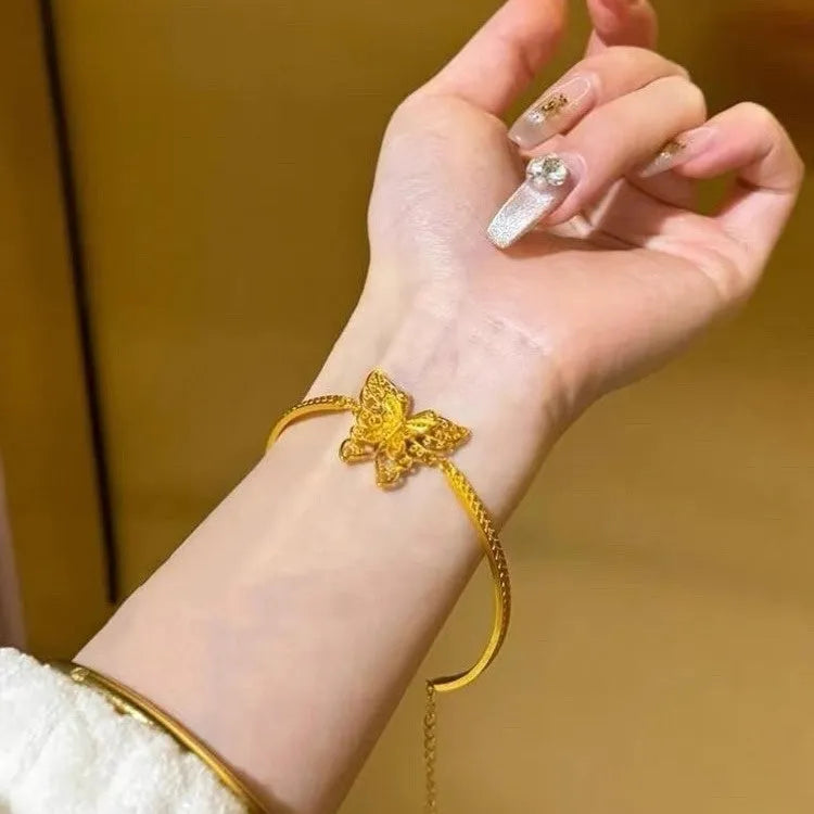 Women's copper half bracelet with ancient silk butterfly and hemp pattern, electroplated finish