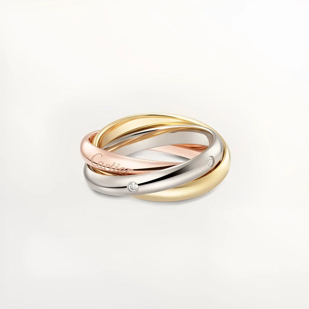 Solid silver couple rings on a hand, showing full diamond pave and plain band options in gold rose, silver, and black finishes.
