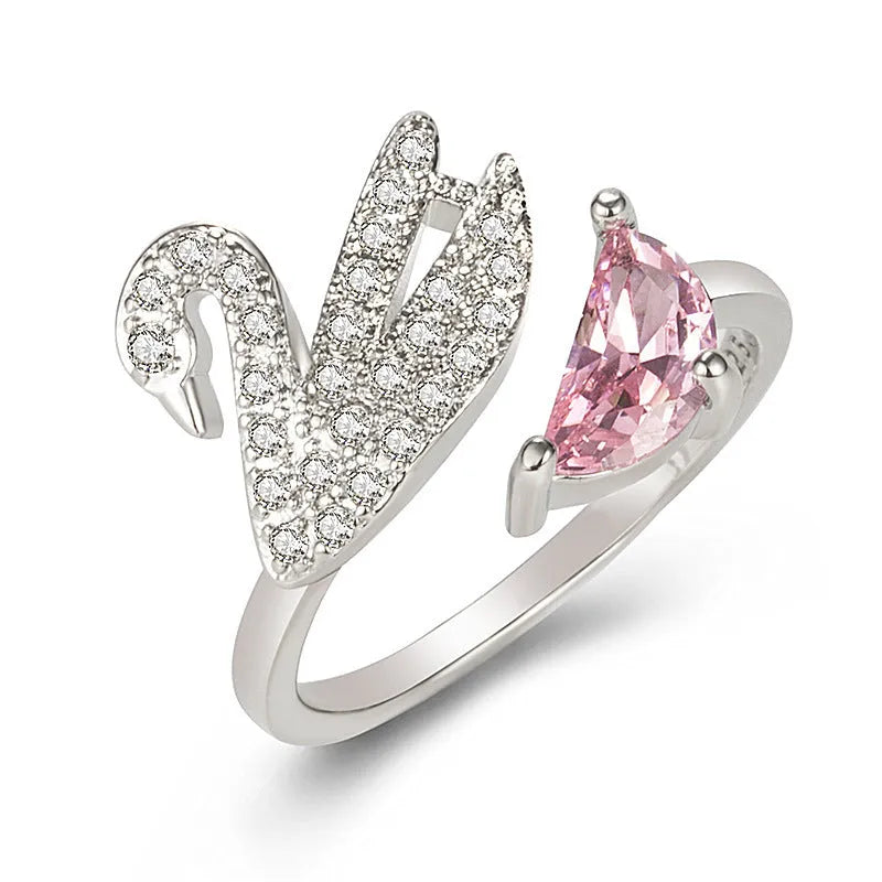 Adjustable open swan ring with zircon crystal in rose gold or white gold plated finish, unisex fashion finger ring