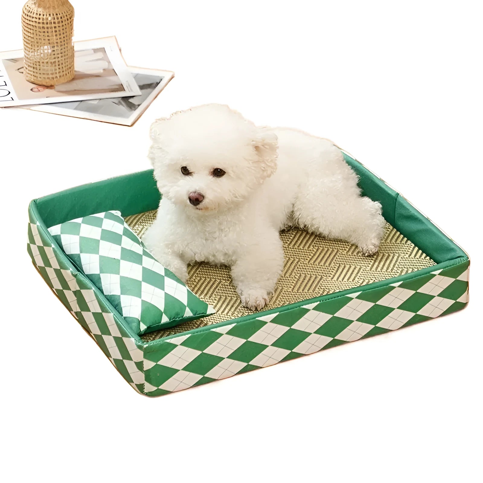 Blue woven rattan cat mat with raised edges, shown beside a cat litter tray.