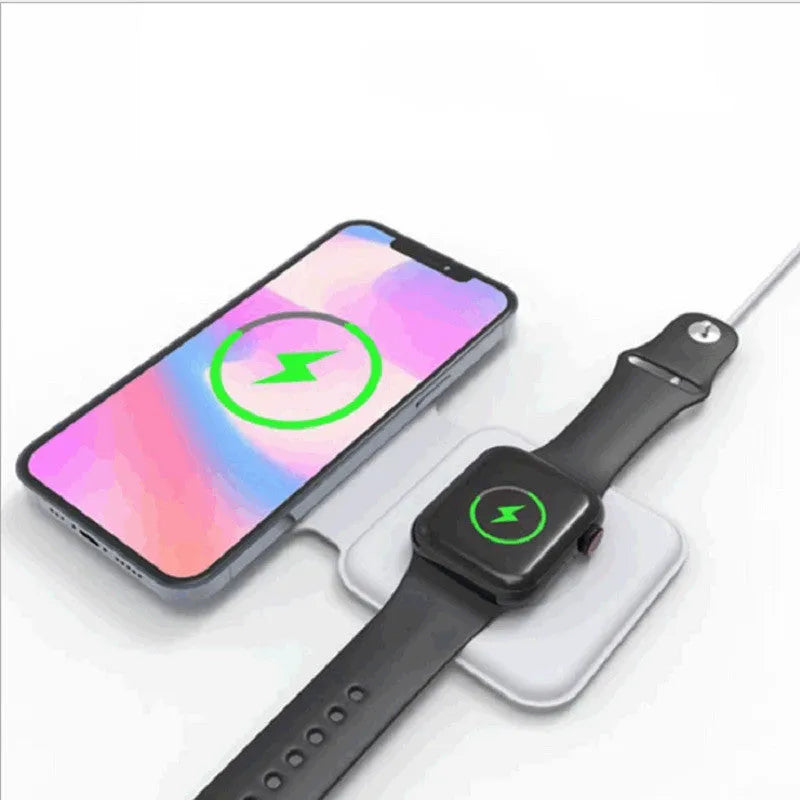 White folding magnetic wireless charging dock in stand mode with phone and earbuds case charging