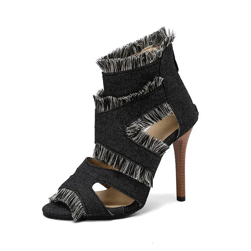Women's denim high heel sandals in plaid and leopard print, plus size range 32-50.