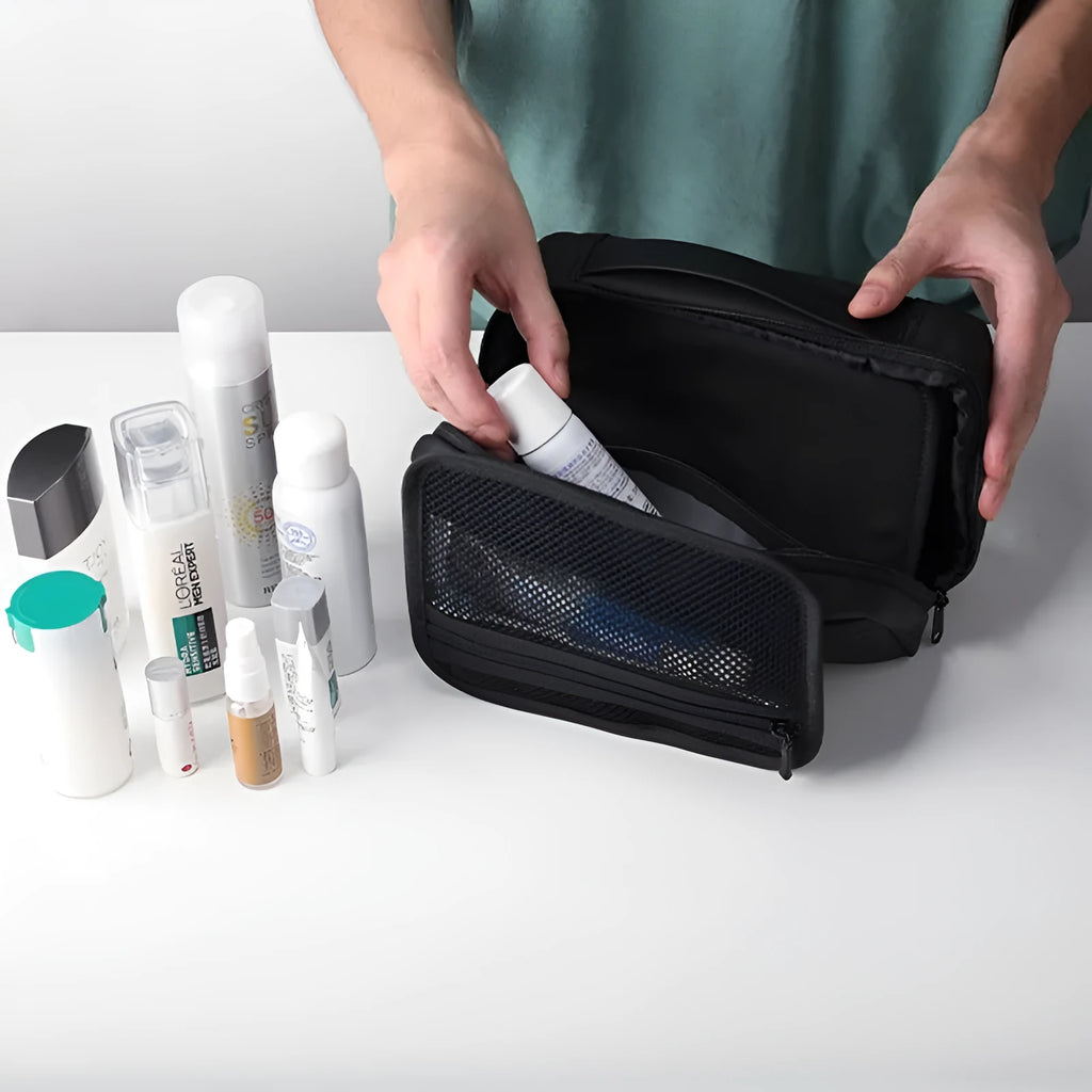 Men's portable Oxford cloth toiletries storage bag with wet and dry separation compartments shown in graphite grey.
