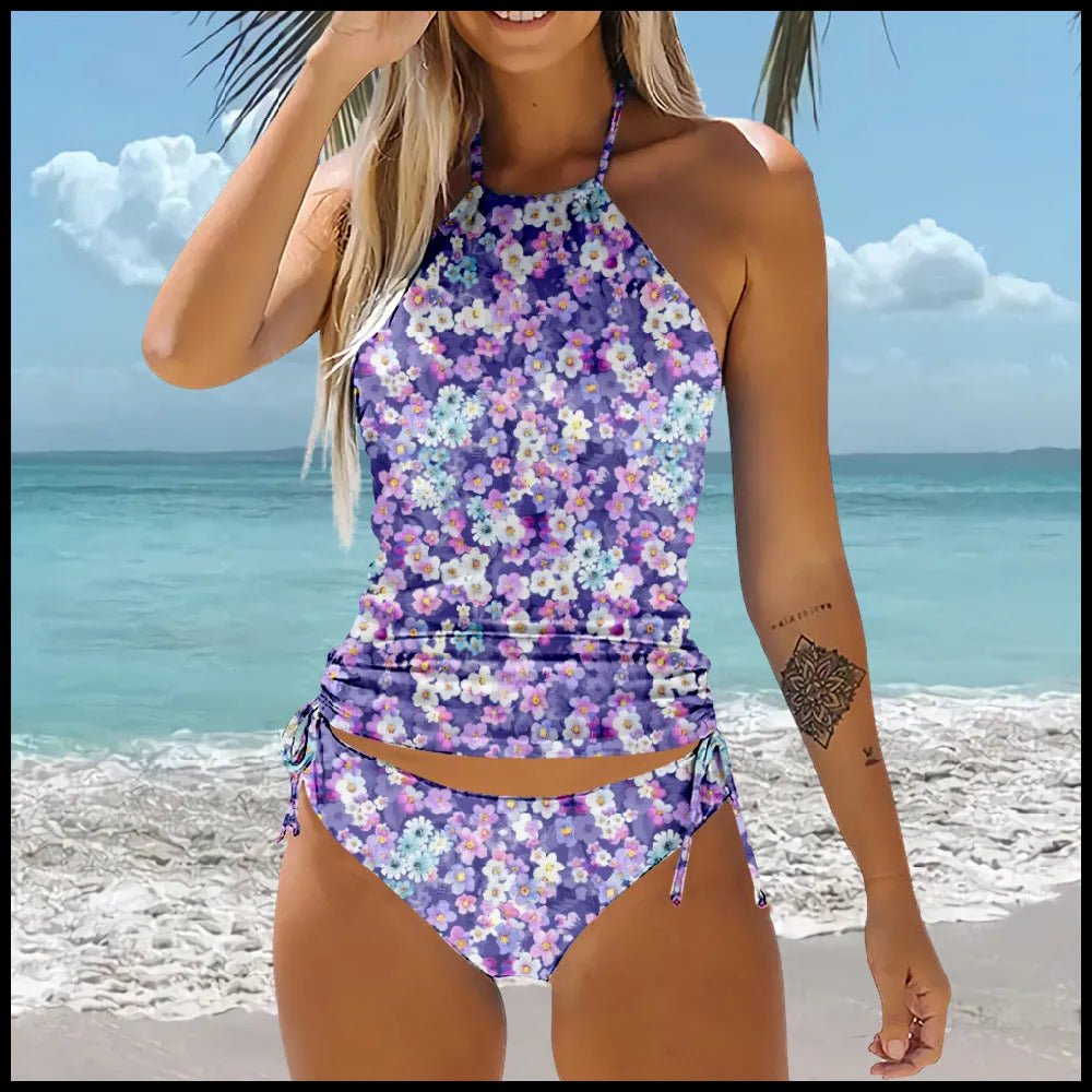Pattern bikini beach swimsuit set in high-waist backless style, polyester fibre, multiple colour options