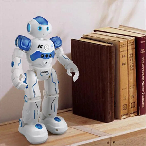 Remote control toy smart robot in blue with gesture sensing, dance, and eye lights