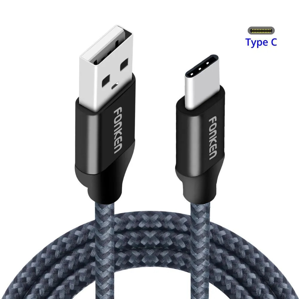 Fonken fast charging cable with pure oxygen-free copper core, woven exterior, black or white, 0.35m to 3m.