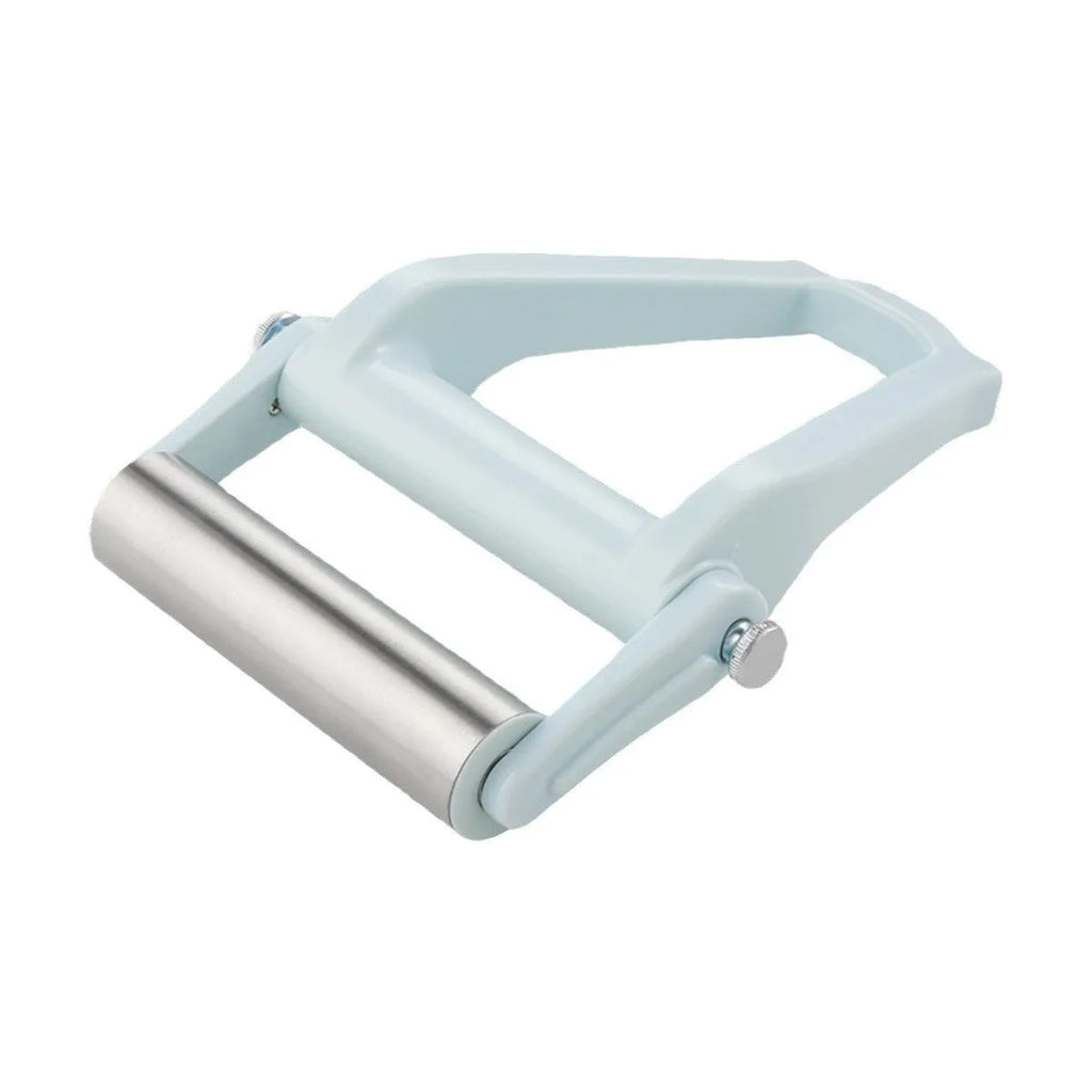 Sky blue folding stainless steel rolling pin on a white background showing its compact mechanism
